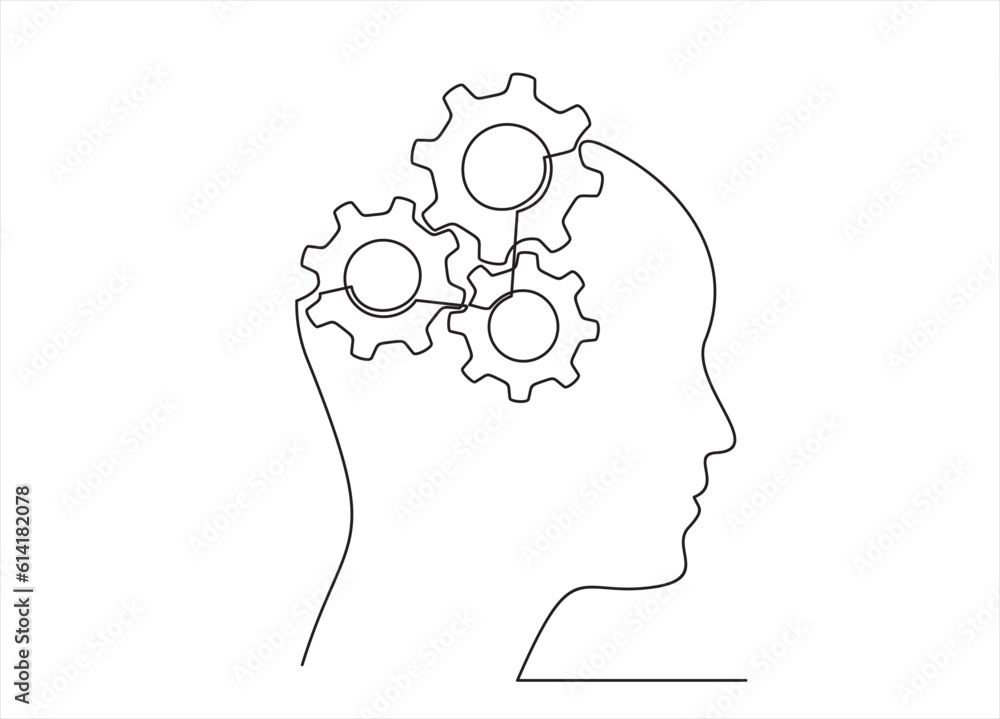 Poster head of a man with gears inside, drawn in one line on a white background. one-line drawing. continuo