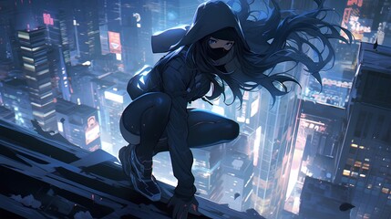 Action scene, breathtaking beautiful woman ninja leaps across building rooftop, bright light city skyscrapers background. japanese anime style. generative AI
