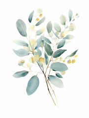 Watercolor floral illustration set - green leaf branches collection, for eco wedding stationary, greetings, wallpapers, fashion, background. Eucalyptus, olive, green leaves. Generative AI