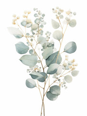 Obraz premium Watercolor floral illustration set - green leaf branches collection, for eco wedding stationary, greetings, wallpapers, fashion, background. Eucalyptus, olive, green leaves. Generative AI