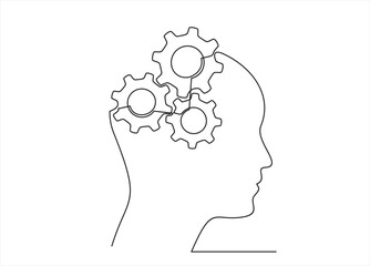 Head of a man with gears inside, drawn in one line on a white background. One-line drawing. Continuous line. Vector