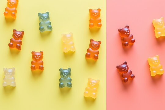 Top view of colorful gummy bears on a flat pink yellow background. Creative wallpaper for a candy store with marmalade gummy bears candy. Generative AI professional photo imitation.