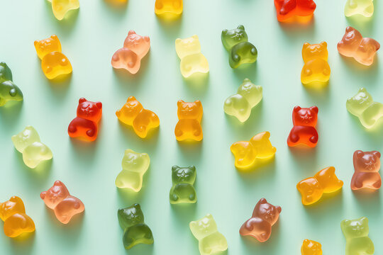 Above view of colorful gummy bears on a flat blue background. Creative wallpaper for a candy store with marmalade gummy bears candy. Generative AI professional photo imitation.
