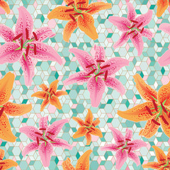 Raster illustration. Pink and orange tiger lilies on glass textured background seamless repeat pattern.