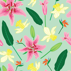Vector illustration. Pink tiger Lily, daffodils and birds of paradise flower seamless repeat pattern.