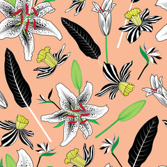 Raster illustration. Tiger lily, daffodils and bird of paradise flowers. Black and white seamless repeat pattern on peach background.