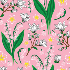 Vector illustration.Black and white Magnolia flowers, lily of the valley flowers and plumeria flower seamless repeat pattern on pastel pink background. Best for kids nursery décor and home furnishing.