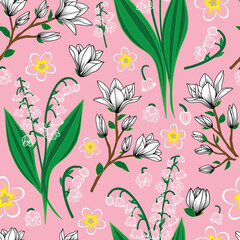 Raster illustration.Black and white Magnolia flowers, lily of the valley flowers and plumeria flower seamless repeat pattern on pastel pink background. Best for kids nursery décor and home furnishing.