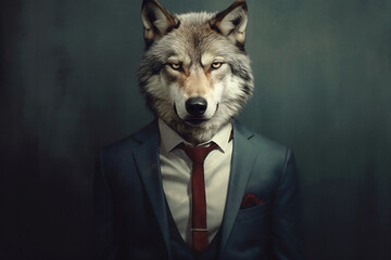 portrait of a wolf in a suit and tie, AI