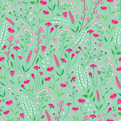 Raster illustration. Pink wild flowers on pastel green background seamless repeat pattern. Best for packaging, kids clothing and decor, shower curtain and home furnishing.