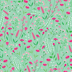 Raster illustration. Pink wild flowers on pastel green background seamless repeat pattern. Best for packaging, kids clothing and decor, shower curtain and home furnishing.