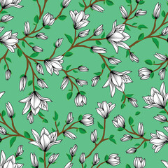 Raster illustration. Black and white magnolia flowers on light sea green backgrounds seamless repeat pattern.