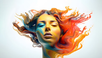 Colorful oil paint flow on human face. Generative AI.