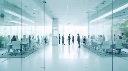 Blurred business people in white glass office background. Generative AI