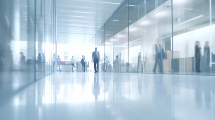 Obraz na płótnie Canvas Blurred business people in white glass office background. Generative AI