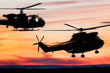 Silhouette of combat helicopters at sunset in the sky, gazelle and puma side view, air transportation