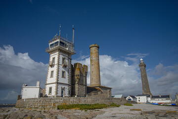 Fototapeta na wymiar Penmarc'h. The semaphore, the old lighthouse, the old chapel and the lighthouse of Eckmühl. Finistère, Brittany