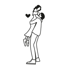 Vector outline black white doodle illustration with dancing hugging couple of man and woman. Trendy apparel print design, greeting card template.