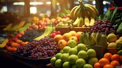 Fototapeta na wymiar Big fresh fruits and vegetables on the market counter shop.