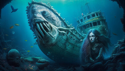 Illustration of a mermaid around a sunken ship at the bottom of the sea - obrazy, fototapety, plakaty
