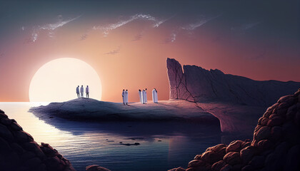 People dressed in white stand on a rocky outcropping near the sea at night gazing into the distant