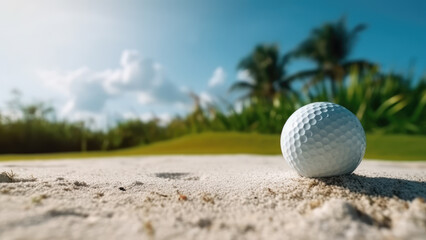 Close-up of a golf ball in a tropical resort golf course - Generative AI