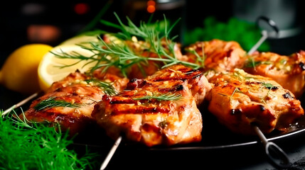 Delicious Grilled chicken skewers close up shish kebab with herb and spices. Generative AI