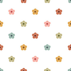 Fototapeta na wymiar Cute retro flowers seamless vector pattern. Scandi floral design. Vintage hand drawn background for kids room decor, nursery art, gift, fabric, textile, wrapping paper, wallpaper, packaging, apparel.