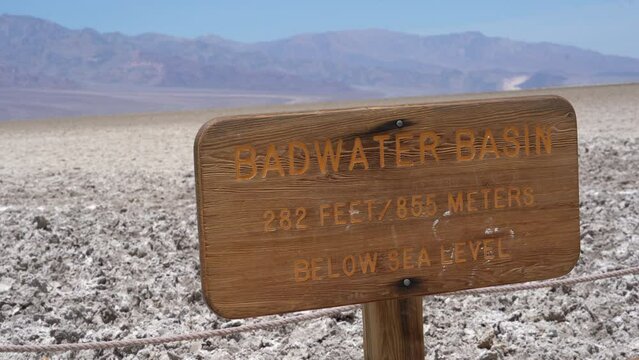 Death Valley USA, Badwater Basin, Wooden Sign, 282 Feet below sea level