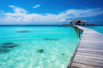 Obraz premium Wooden Walkway over the clean Sea of Maldives that links the Bungalows to the Beach. Generative AI.