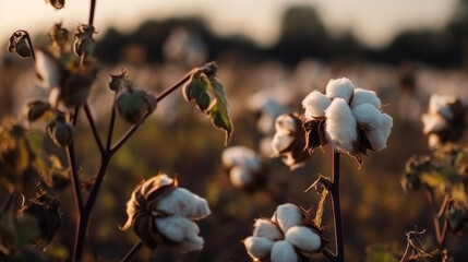 Close up ripe cotton with white fiber grow on plantation.