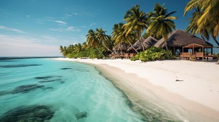 Fototapeta premium This Fantastic Commercial Shot capture the Clean Sea of Maldives and an Island in the Background with a lot of vegetation. Generative AI.