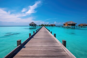 Fototapeta premium Wooden Walkway over the clean Sea of Maldives. Generative AI.