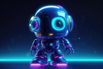 Futuristic cute shiny toy robot. Cartoon android cyborg world. Neon 3d art cartoon character. 