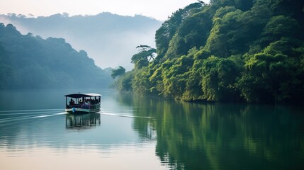 Fototapeta premium Chinese Boat navigating inside the Tianmu Lake, Professional and Commercial Shot. Generative AI.