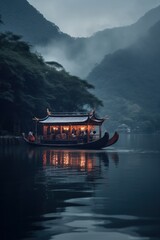 Chinese Boat navigating inside the Tianmu Lake, Professional and Commercial Shot. Generative AI.