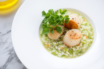 Close-up of pea risotto with pan seared sea scallops served in a white plate, selective focus, horizontal shot