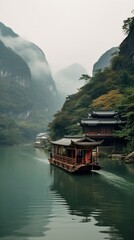 Obraz premium Chinese Boat navigating inside the Tianmu Lake, Professional and Commercial Shot. Generative AI.