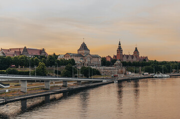 Obraz na płótnie Canvas View of Piastowski Boulevard, Wały Chrobrego Szczecin. Beautiful sunset. 