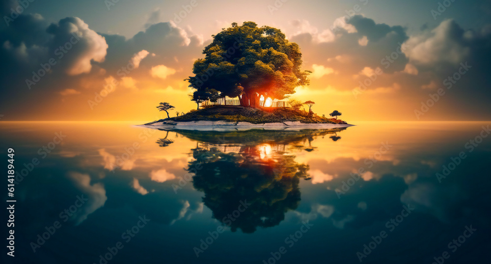 Poster beautiful small rock island in the middle of the sea with a colorful sky background. created with ge