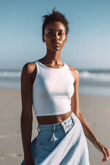 Fototapeta premium Portrait of black beautiful teenage girl in a white t-shirt on the beach. Mockup.