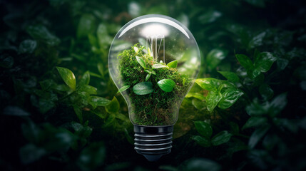 Eco friendly lightbulb from fresh leaves top vie, concept of Renewable Energy and Sustainable Living. Generative AI