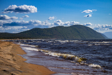 Scenic view of mountains on the edge of lake Baikal