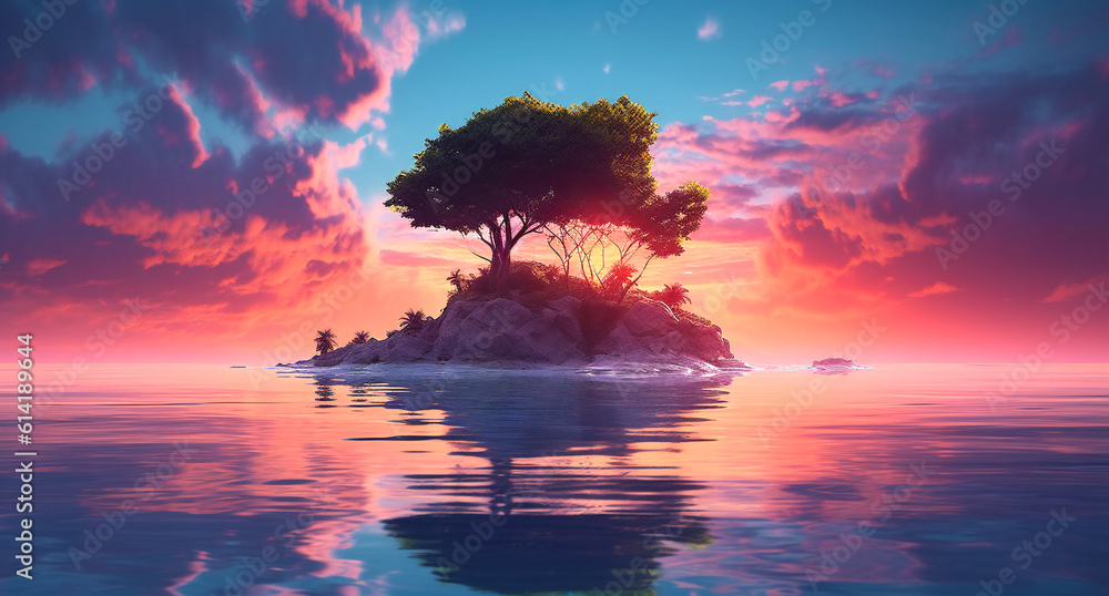 Poster beautiful small rock island in the middle of the sea with a colorful sky background. created with ge