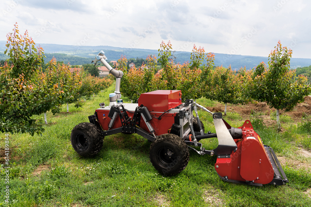 Poster autonomous agricultural robot with robotic arm. smart farm concept.