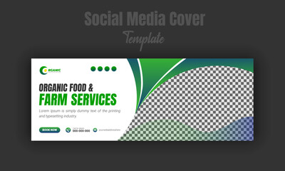 Organic food and agriculture service for social media cover or post design template, modern lawn mower garden, or landscaping service with abstract green gradient color shape and white background