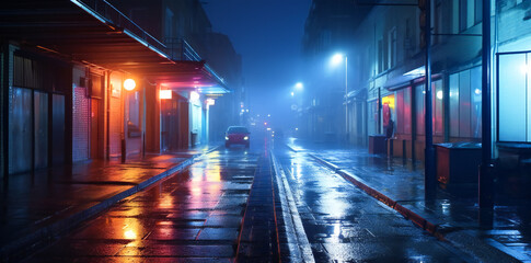 City wet road or alley in a misty night - obrazy, fototapety, plakaty