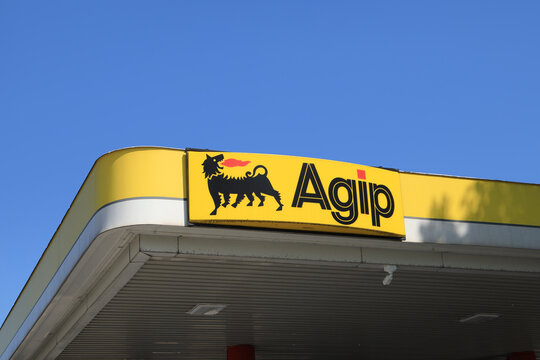 Close up logo of AGIP at a gas station in Bavaria, Germany, May 31 2023