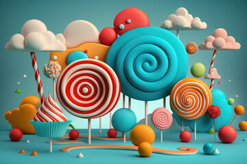 colorful cartoon style 3d lollipops, clouds and lollipops, generative AI
