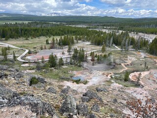 Fototapeta na wymiar Landscape of Yellowstone geysers at Porcelain & Norris Basins